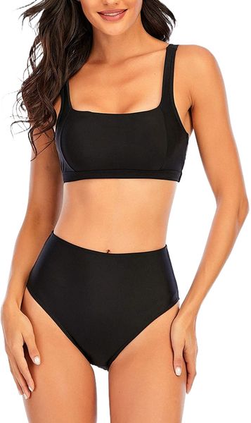 

women's square neck wide strap swimsuit cheeky bikini set high waisted 2 piece bathing suit 26es#, White;black