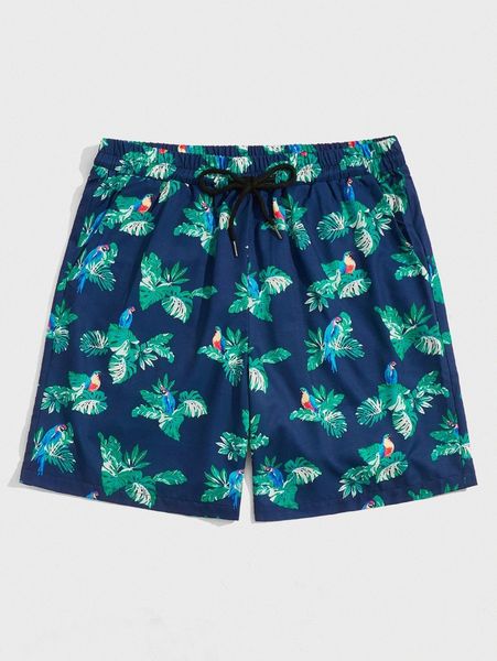 

romwe guys bird & tropical print drawstring shorts q4ki#, White;black