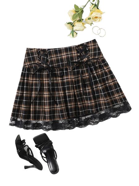 

tartan lace up detail pleated skirt g33q#, Black
