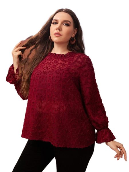 

plus frill trim flounce sleeve fuzzy blouse without bra r63t#, Black