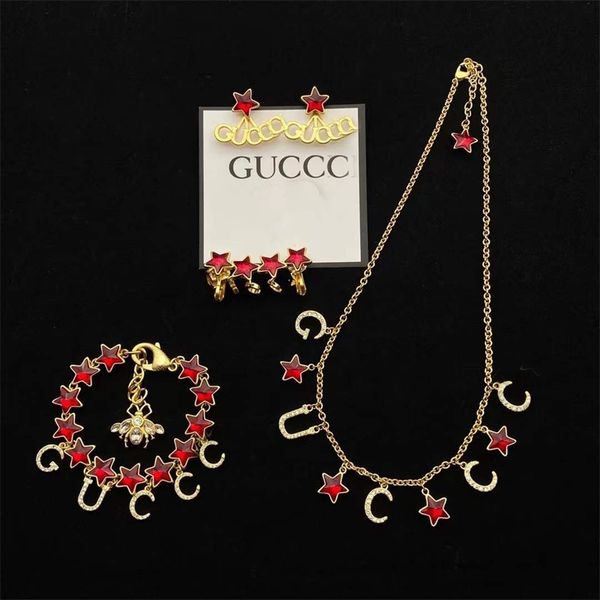 

jewelry store 70% off new letter inlaid five pointed star red diamond necklace bracelet earrings temperament jewelry, Black