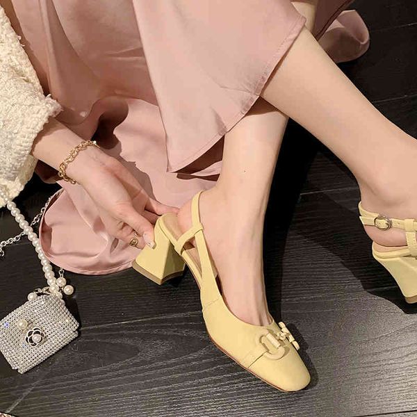 

sandals square head horse rank buckle thick heel back empty sandals summer style baotou simple korean version one line high-heeled rbw2, Black