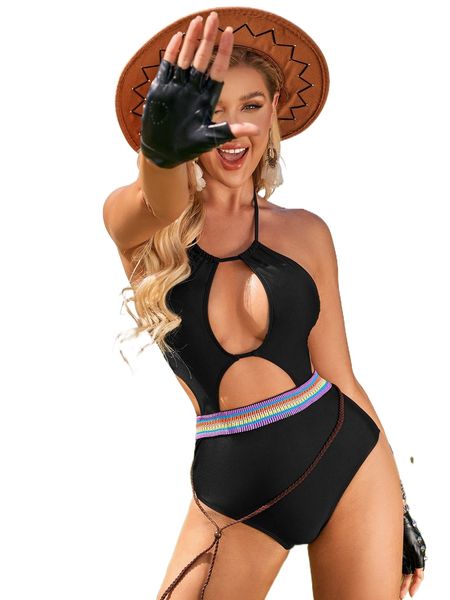 

block striped cut out halter one piece swimsuit n8zb#, White;black