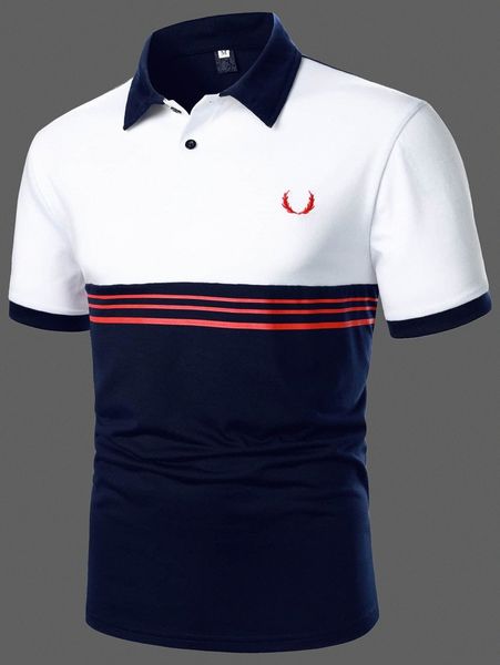 

men antler embroidered striped colorblock polo shirt q69e#, White;black