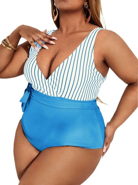 

plus striped knot one piece swimsuit b2sm#, White;black