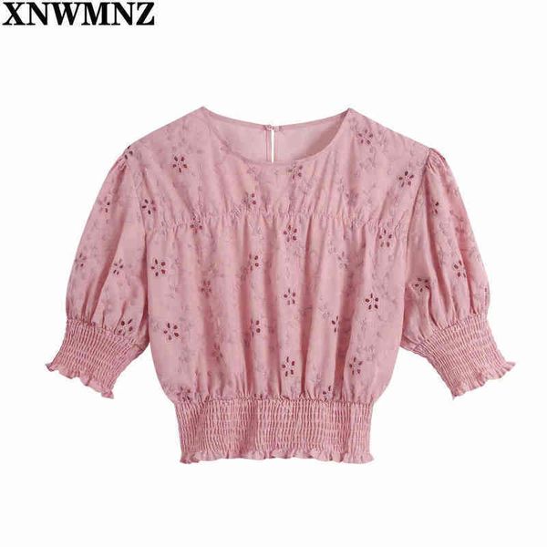 

xnwmnz sweet pleated puff sleeve ruffles short shirt women hollow out embroidery slim blouse lady roupas femininas crop 210513, White