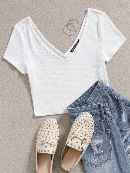 

double v-neck rib-knit q6be#, White