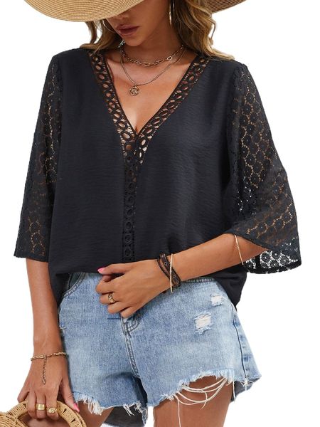 

solid contrast lace blouse k7fm#, White