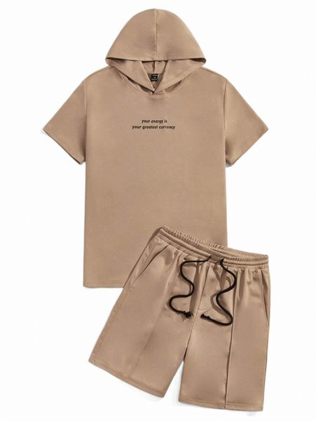 

men slogan graphic hooded tee & drawstring waist shorts b2vd#, Gray