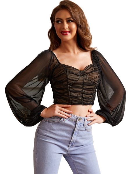 

sbetro lantern sleeve ruched crop mesh 98xt#, White
