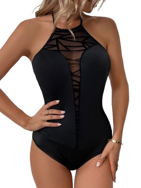 

geo print mesh insert tie backless halter bodysuit p1yb#, White