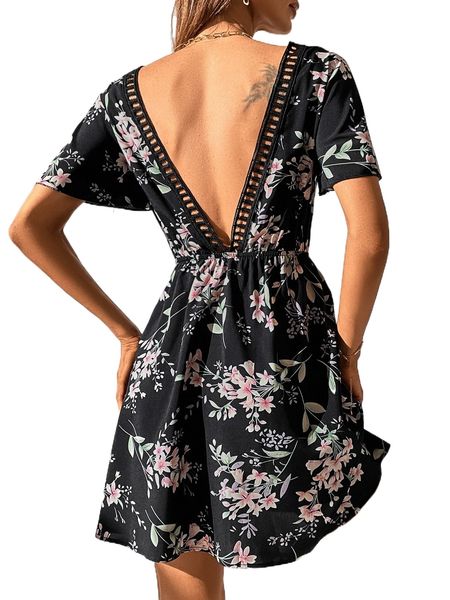 

floral print guipure lace trim v back butterfly sleeve dress s68b#, Black;gray