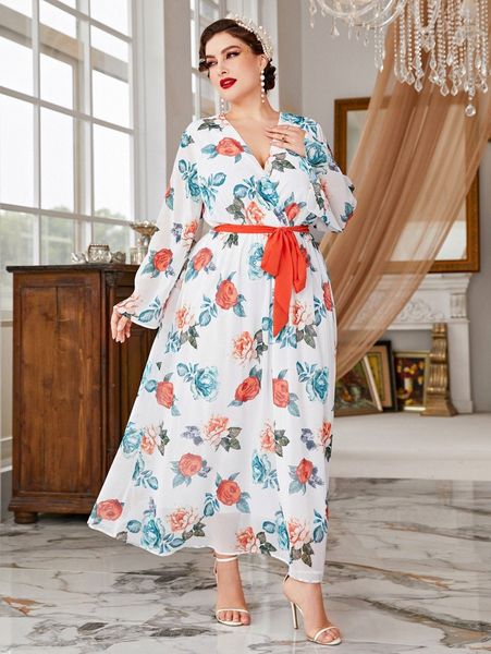 

plus random floral print belted dress i21w#, Black