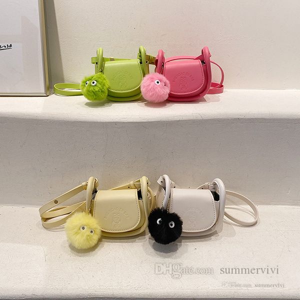 

sweet children embossing handbags girls cartoon plush pompon pendant single shoulder bag kids candy color pu leather messenger bags q7299, Black