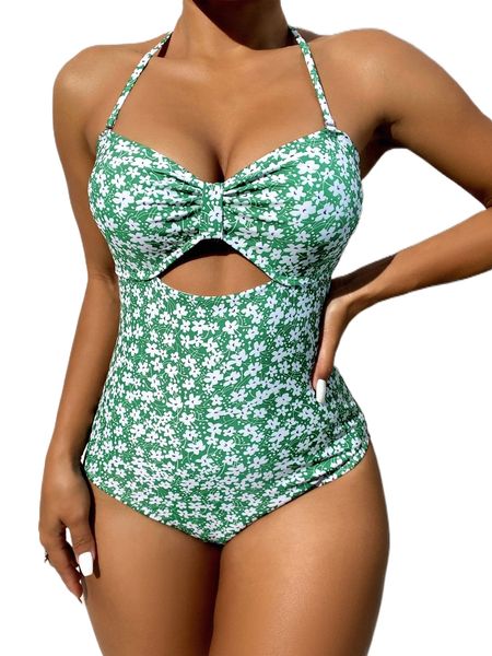 

ditsy floral cut out halter one piece swimsuit l639#, White;black