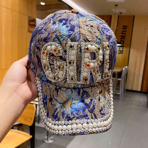 

hats heavy industry luxury diamond studded duck tongue cap women's elegant pearl bright baseball printed sunscreen, Blue;gray