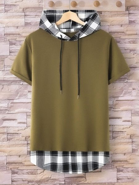 

men plaid drawstring hooded 2 in 1 tee w4qm#, White;black