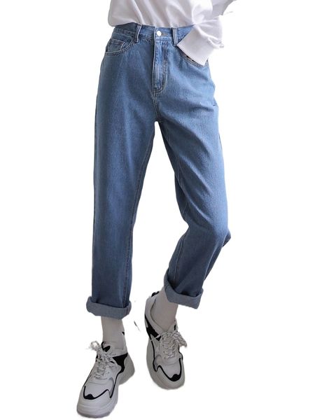 

dazy high waist slant pockets straight leg jeans m01b#, Blue