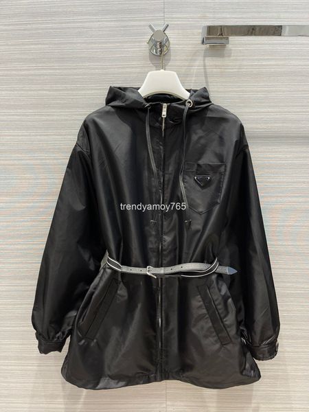 

women's jackets fashion brand p girls' metal triangle nylon belt hooded solid color slim fit jacket, Black;brown
