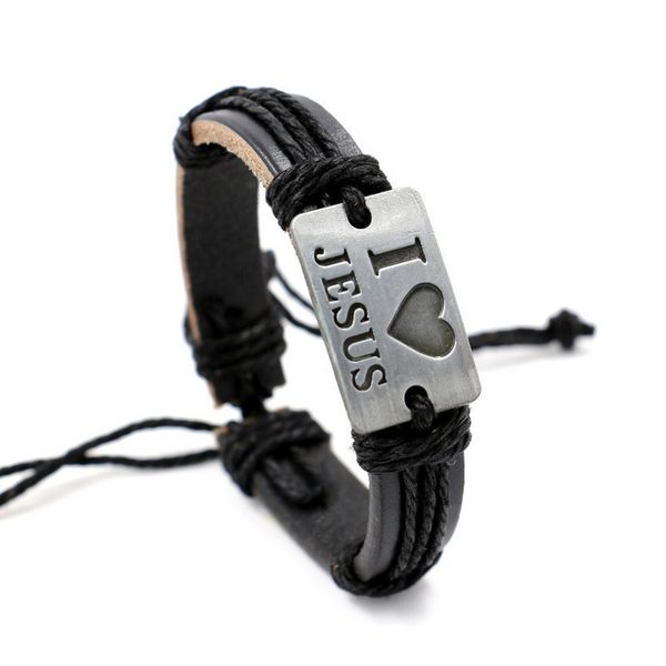 Verstellbares Armband mit Buchstaben-ID, Lederseil, Armreif, Manschettenarmband, „I Love Jesus“-Armband für Männer und Frauen, Modeschmuck