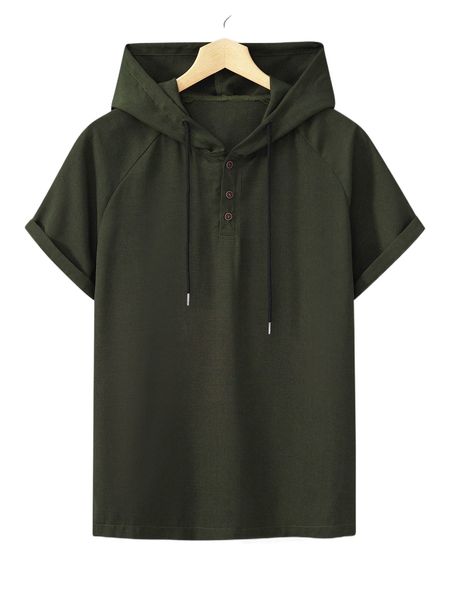 

men raglan sleeve quarter button drawstring hooded shirt q2vj#, White;black