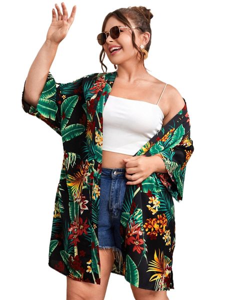 

plus tropical print drop shoulder kimono g2x8#, Black;gray