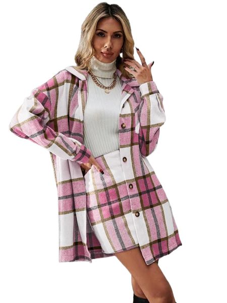 

plaid print button front overcoat & skirt u6ii#, White
