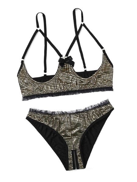 

plus metallic cut-out underwire lingerie set 70yx#, Black;white