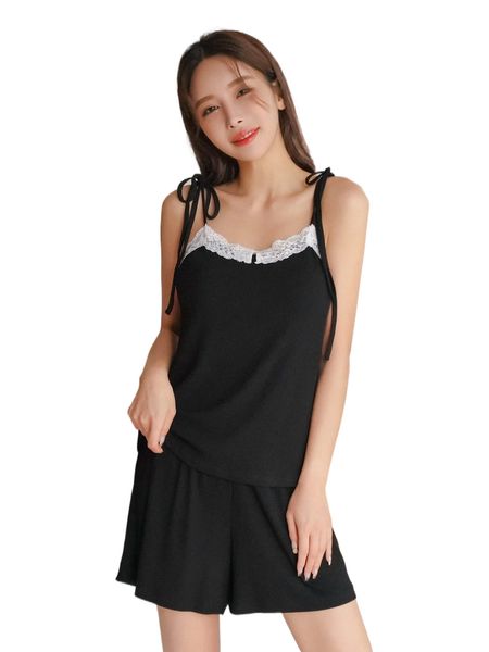 

dazy contrast lace knot shoulder pajama set n0le#, Black;red