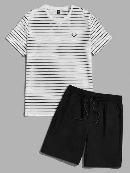 

men striped print antler embroidery tee & drawstring waist shorts n9j0#, Gray