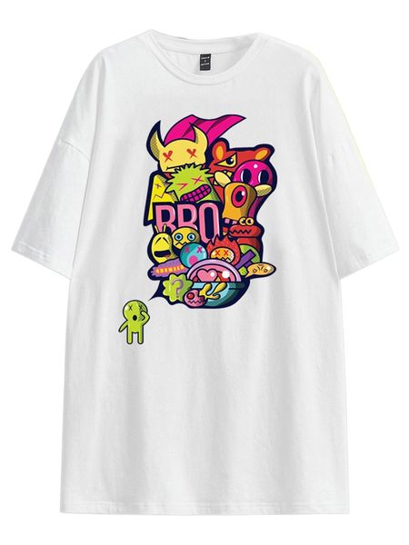 

x the menace of society cartoon & letter graphic drop shoulder tee e70v#, White