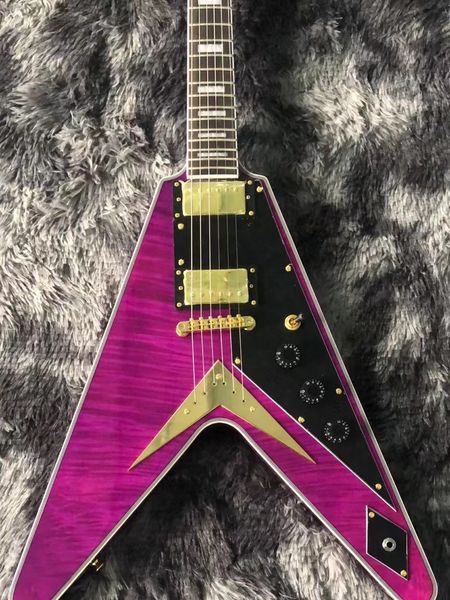 

v shape electric guitar body mahogany flame maple gold hardware , pour in string