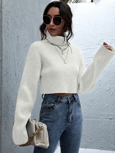 

rolled neck drop shoulder crop sweater s2ev#, White;black