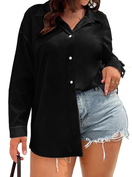 

plus button through drop shoulder shirt l4an#, Black
