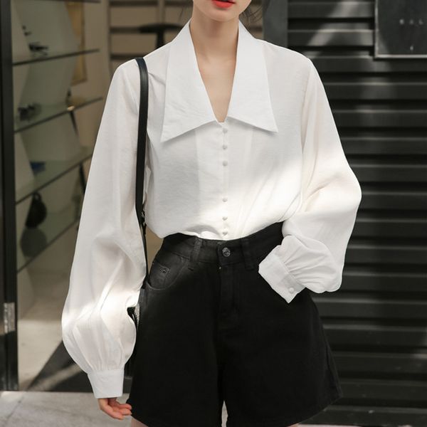 

qoerlin black chiffon blouse women turndown collar singlebreasted lanter sleeve shirt female plus size ol style white 210412