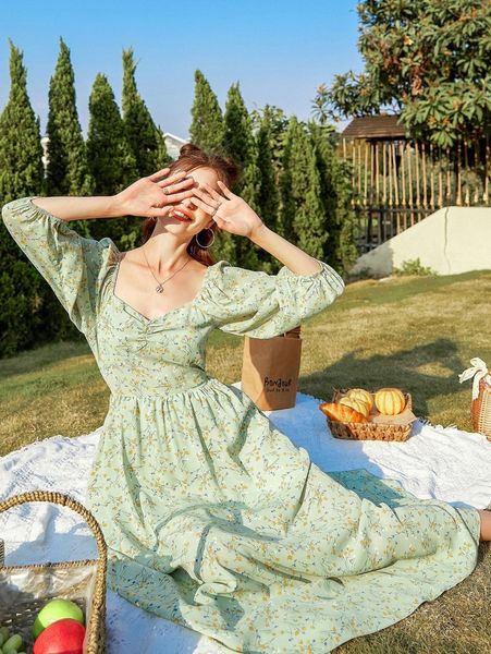 

ditsy floral print ruched sweetheart neck lantern sleeve dress 05lt#, Black;gray