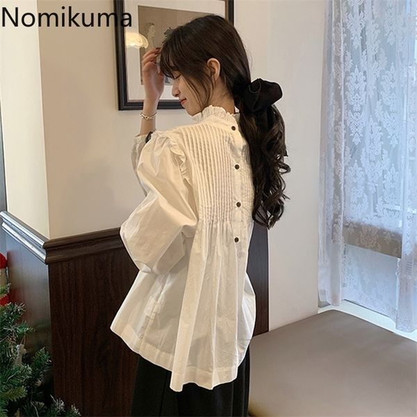 

nomikuma korean women doll shirt back pleated single breasted sweet blouse puff long sleeve ruffled collar blusa 6b942 210308, White