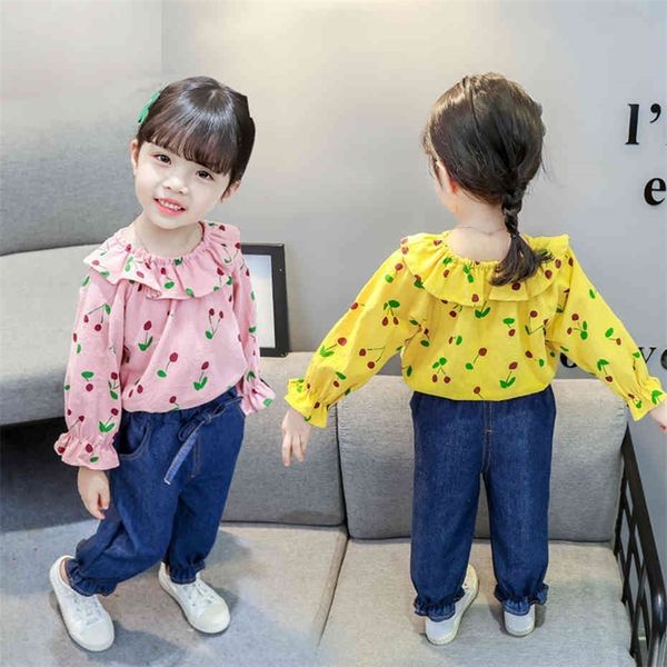 

kids cherry tshirt jeans for girls casual style children's clothes 210412, White