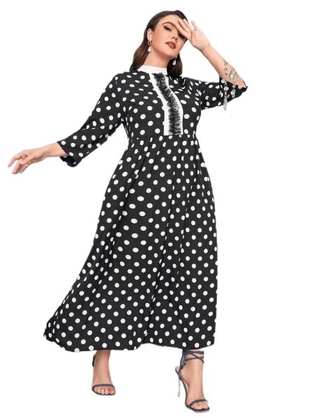 

plus mock neck mesh panel polka dot dress x53a#, Black
