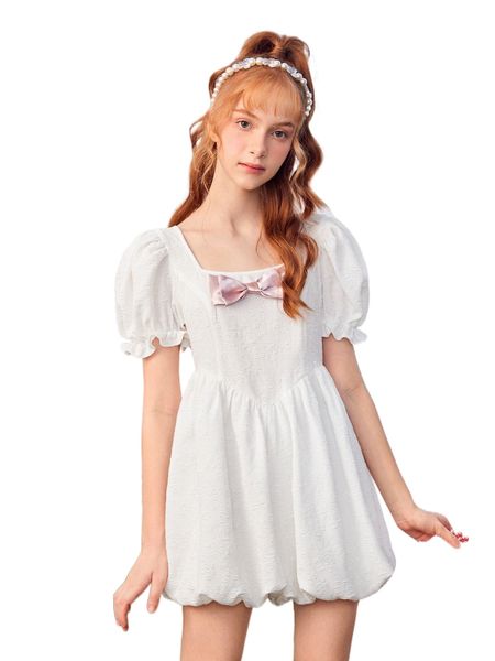 

teen girls bow front puff sleeve jumpsuit t0cw#, White;black