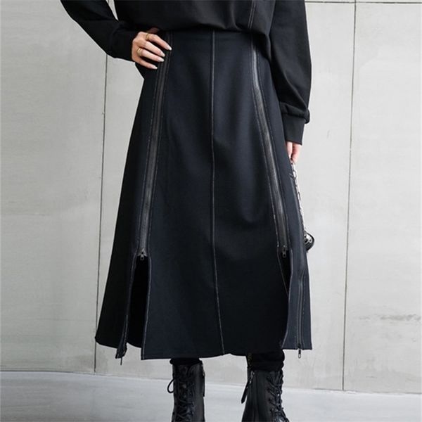 

[eam] high elastic waist black zipper irregular casual long half-body skirt women fashion spring autumn 1de1910 220324