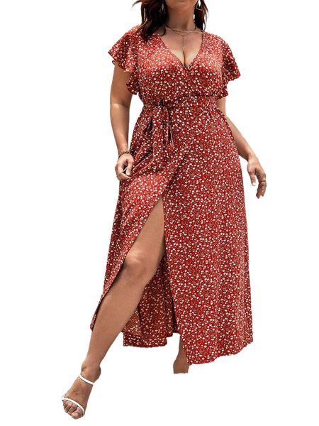 

plus ditsy floral wrap belted dress r5sa#, Black