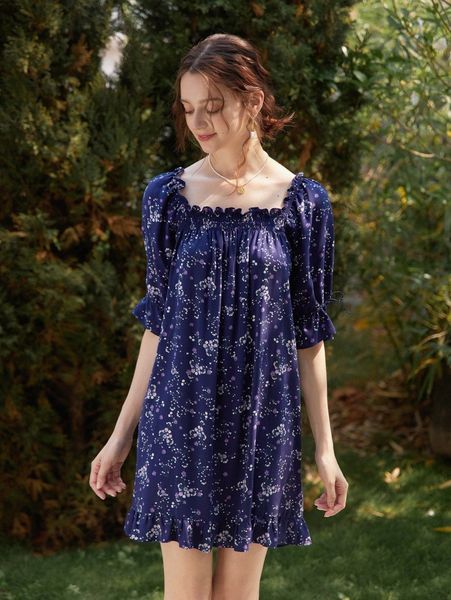 

simple retro ditsy floral knot puff sleeve ruffle trim dress 88ud#, Black;gray