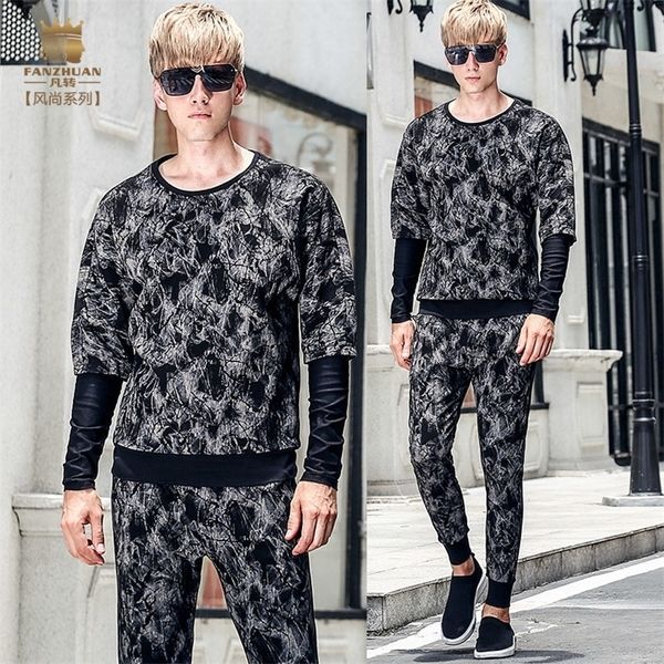 

fanzhuan fashion casual male men s male suit autumn fake two piece long sleeved t shirt pants set lj201124, Gray