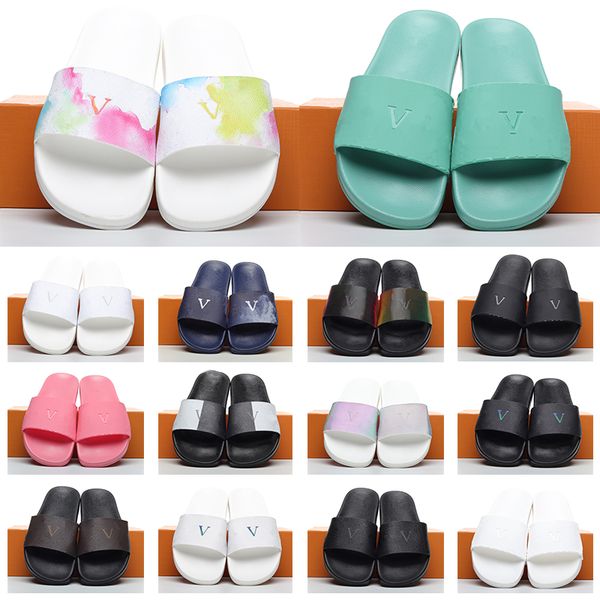 

fashion designer slides womens slippers waterfront embossed mules with og box lady flat luxury low heel summer sandals leather womens beach, Black