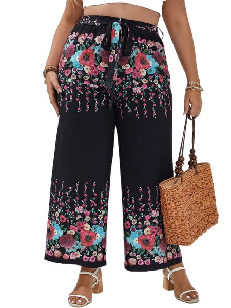 

plus floral print belted wide leg pants l88i#, Black