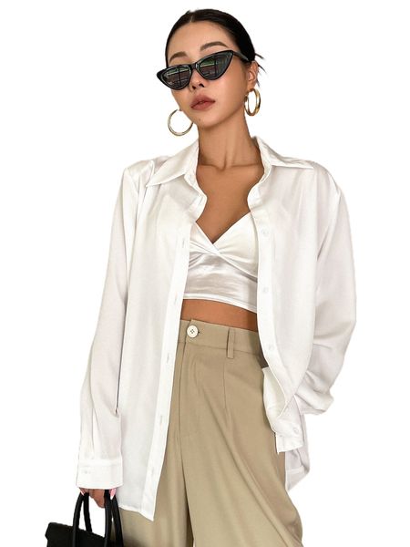 

dazy solid single breasted shoulder pads cut out back blouse m3vv#, White