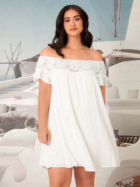

plus off shoulder guipure lace insert dress a4x7#, Black