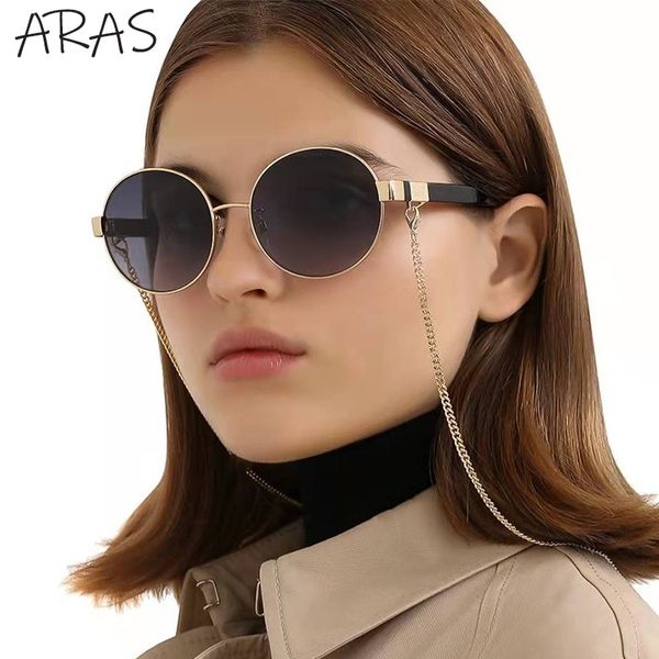 Vintage oversize rotondo con occhiali da sole a catena Donna Luxury Brand Chic Fashion Metal Frame Occhiali da sole Ladies Black Shades W220422