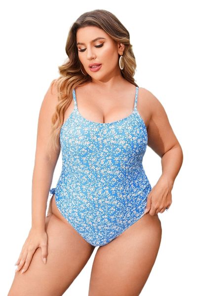 

plus ditsy floral drawstring one piece swimsuit u9xi#, White;black